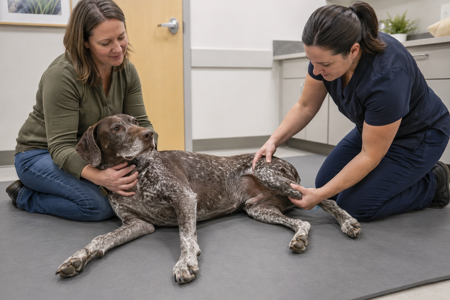 Veterinář vyšetřuje pohyblivost kloubu u psa